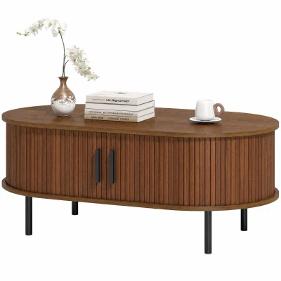 HOMCOM Coffee Table with Sliding Tambour Doors and Storage Center Table with Metal Legs, 39", Brown