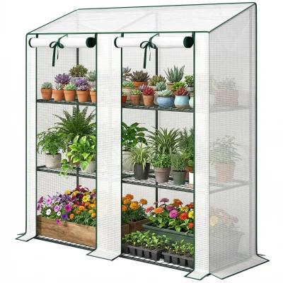 Outsunny Portable Mini Greenhouse Green House with 3 Tier Shelves, Reinforced PE Cover, Roll-up Doors, 56.3"x18.1"x59.4", White