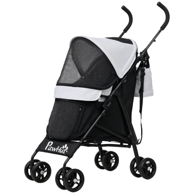 PawHut Foldable Dog Stroller, Lightweight Dog Pram w/ Shoulder Strap, Storage Bag, Cup Holder, Light Grey