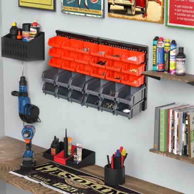DURHAND Wall Mounted Storage Bin Rack Tool Organizer with 30 Bins, Pegboard for Garage Workshops Red