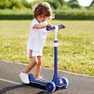 Qaba 3 Wheel Kids Scooter, Toddler Kick Scooter with Adjustable Height, Rear-Fender Brake, LED Light, TPE Handlebar, Blue
