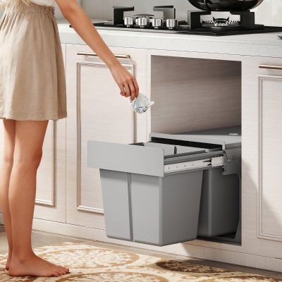 HOMCOM Pull Out Bin, Under Sink Garbage Can with 2 Removable Compartments (4 gallon Each) for Kitchen Waste, Light Grey