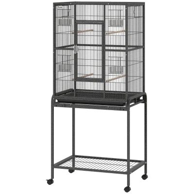 PawHut 56"H Bird Cage, Parrot Cage w/ Detachable Rolling Stand, Removable Tray, Storage Shelf, Perches, Food Container