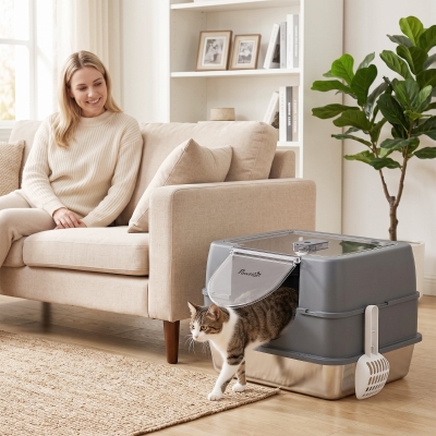 PawHut Stainless Steel Cat Litter Box with Lid, High Sided Enclosed Litter Box with Removable Lid, Tray, Scoop
