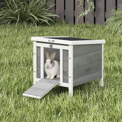 PawHut Wooden Rabbit Hutch, Bunny Cage with Waterproof & Openable Asphalt Roof, Outdoor Cat House Guinea Pig Cage Duck Shelter, Indoor Outdoor Use, 20" x 16.5" x 17", Grey