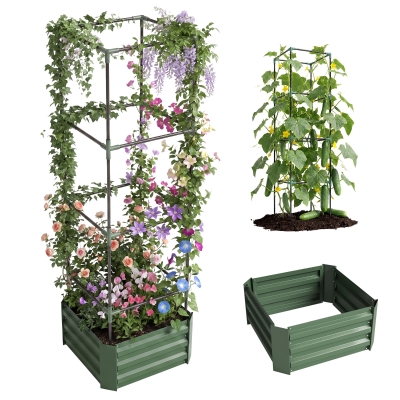 Outsunny 24" Galvanized Planter Box with Tomato Cage, Green