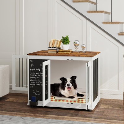PawHut 39" Dog Crate Furniture Side End Table for Large Dogs w/ Blackboard, Three Doors, White