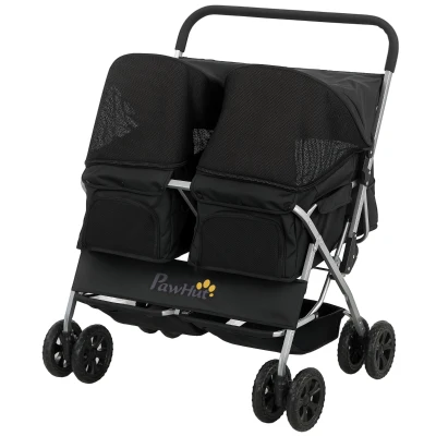 PawHut Double Pet Stroller, Foldable Dog Stroller with 2-Seater Carrier, Sunshade, Removable Pad, Safety Belt, Storage Basket