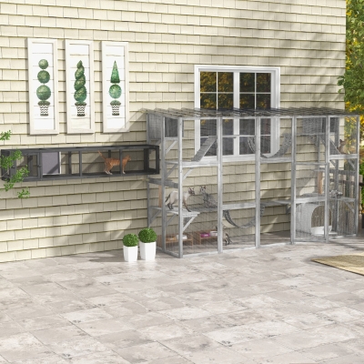 PawHut 79" Long Cat Tunnel, Cat shelter L- Shape with Extendable Design, Cat Enclosure for Indoor/Outdoor Use, Lead Grey