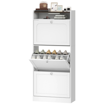 HOMCOM Shoe Cabinet with 3 Flip Drawers Slim Shoe Storage Cabinet with Sensor Light Top Shelf Home Hall White