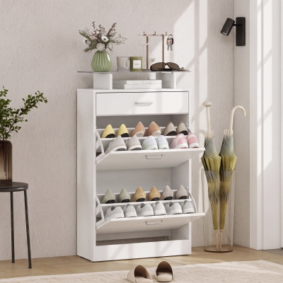 HOMCOM Shoe Cabinet, Slim Shoe Organizer Cabinet with 2 Flip Drawers, Adjustable Shelves, Drawer and Glass Top