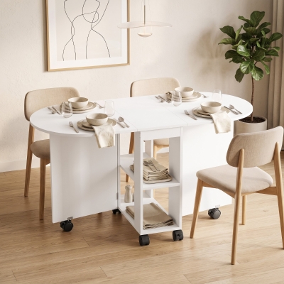 HOMCOM Folding Dining Table, Drop Leaf Table with 2 Shelves for Small Spaces, 120cm, White