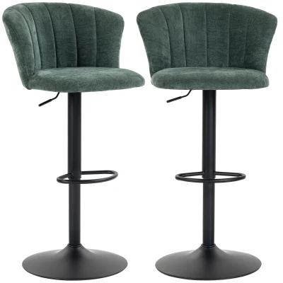 HOMCOM Adjustable Bar Stools Set of 2 with Back, Footrest, Chenille Upholstered Bar Chairs for Kitchen Island, Dark Green