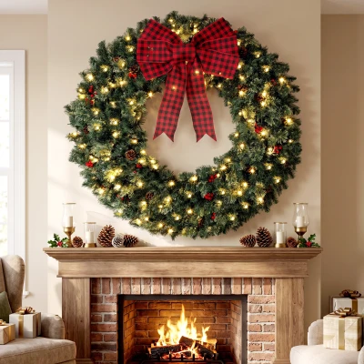 HOMCOM 48" Prelit Christmas Wreath with Bow, Red Berries, Pinecones