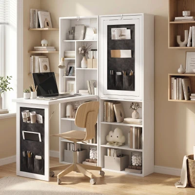 HOMCOM Wall-Mounted Foldable Desk with Storage Shelves, White