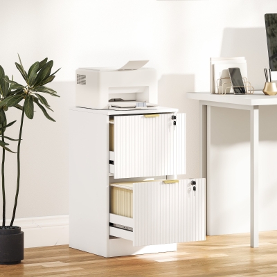 HOMCOM Lockable Filing Cabinet with 2 Fluted Drawers, File Cabinet with Adjustable Hanging Rails for A4 Letter Files, White