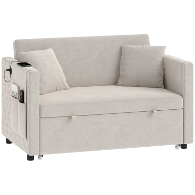 HOMCOM 52" Sofa Bed, Holland Velvet Loveseat Pull Out Sleeper Sofa with USB Ports, Adjustable Backrest, Side Pockets, Beige