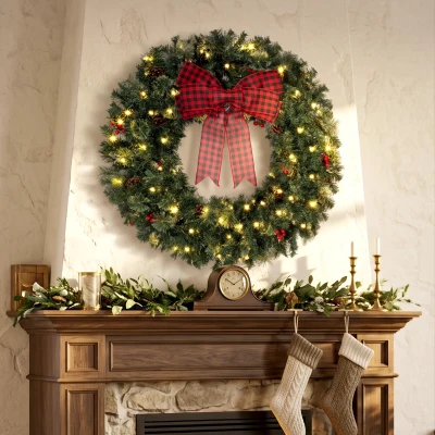 HOMCOM 36" Prelit Christmas Wreath with Bow, Berries & Pinecones