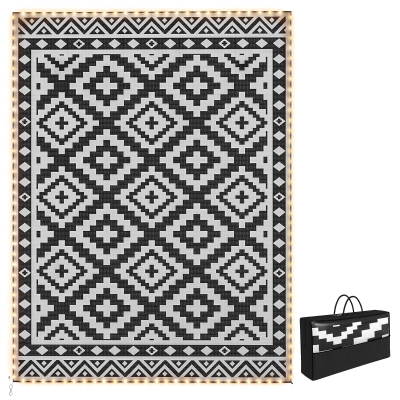Outsunny 12' x 9' Outdoor Reversible Straw Rug with LED Lights, Black/White