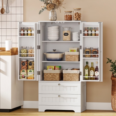 HOMCOM 47" Tall Pantry Cabinet, Farmhouse Kitchen Pantry with 6 Door Racks and 2 Drawers, White