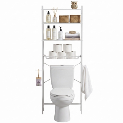 HOMCOM Over-the-Toilet Storage Shelf, 3-Tier Over-Toilet Bathroom Organizer with Adjustable Shelves and Pull-Out Basket, White