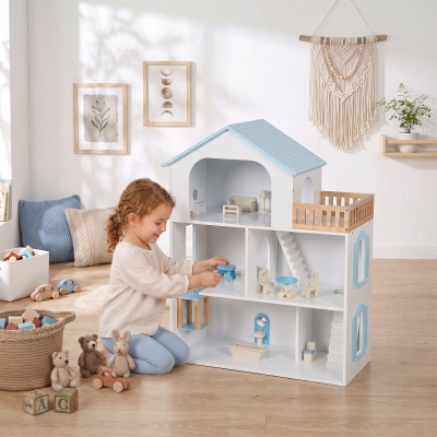 Qaba Wooden Doll House with Elevator, 5 Rooms and 13 Furniture Accessories, Pretend Play Toy Gift for Kids Ages 3-6, Blue