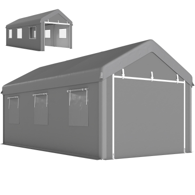Outsunny 10' x 20' Carport, Heavy Duty Portable Garage with 6 Mesh Windows and 2 Doors, Light Grey