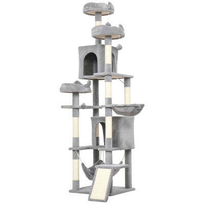 PawHut 76" Large Cat Tree for Indoor Cats with 8 Scratching Posts, 3 Plush Beds, 2 Hammocks, 2 Large Condos, Ramp, Light Grey