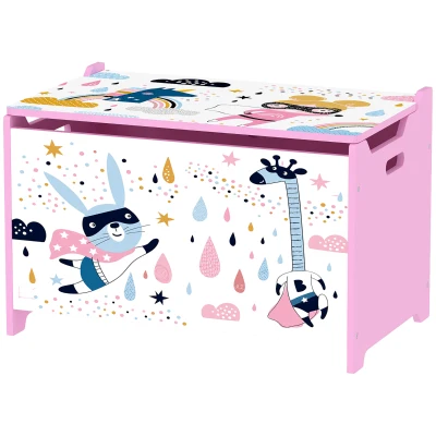 Qaba Kids Storage Chest with Lid, Toy Box with Safety Hinges and Groove Handles for Kids, Bedroom, Playroom, Nursery, Pink