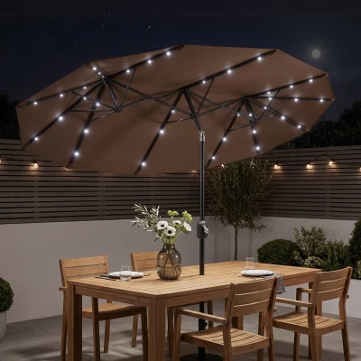 Outsunny 9.7' Double-Sided Patio Umbrella with LED Lights, Coffee