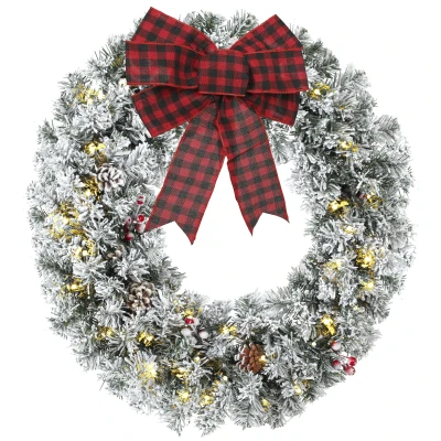 HOMCOM Flocked Winter Wreath, 24 Inch Pre-Lit Christmas Wreath for Front Door with LED Lights, Pine Cones and Berries, Green
