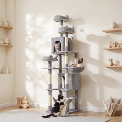 PawHut 76" Large Cat Tree for Indoor Cats with 8 Scratching Posts, 3 Plush Beds, 2 Hammocks, 2 Large Condos, Ramp, Light Grey