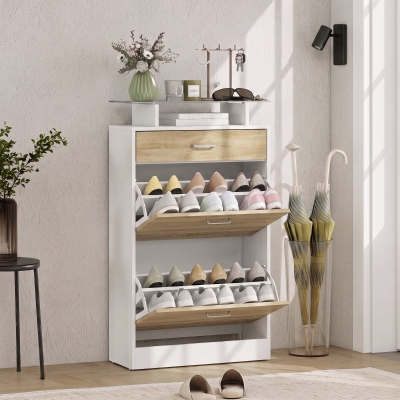 HOMCOM Shoe Cabinet, Slim Shoe Organizer Cabinet with 2 Flip Drawers, Adjustable Shelves, Drawer and Glass Top