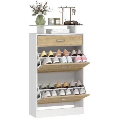 HOMCOM Shoe Cabinet, Slim Shoe Organizer Cabinet with 2 Flip Drawers, Adjustable Shelves, Drawer and Glass Top