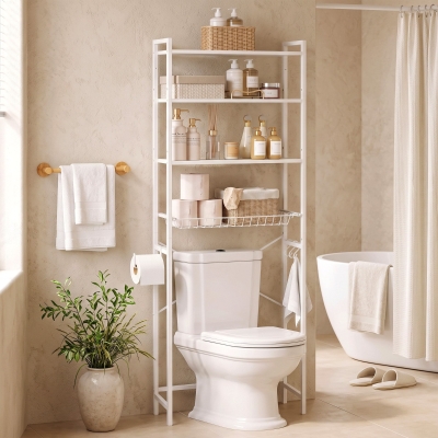 HOMCOM Over-the-Toilet Storage Shelf, 3-Tier Over-Toilet Bathroom Organizer with Adjustable Shelves and Pull-Out Basket, White