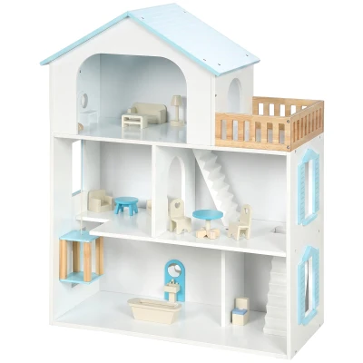 Qaba Wooden Doll House with Elevator, 5 Rooms and 13 Furniture Accessories, Pretend Play Toy Gift for Kids Ages 3-6, Blue
