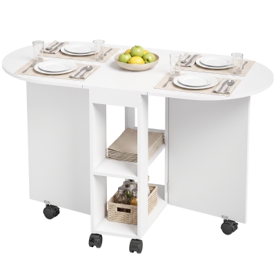 HOMCOM Folding Dining Table, Drop Leaf Table with 2 Shelves for Small Spaces, 120cm, White