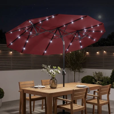 Outsunny 9.7' Double-Sided Patio Umbrella with LED, Wine Red