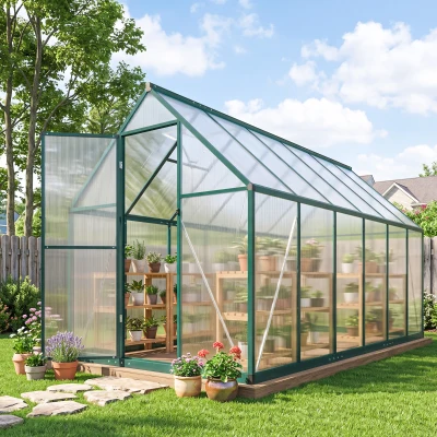 Outsunny 11x6 ft Polycarbonate Walk-In Greenhouse, Swing Door, Dark Green