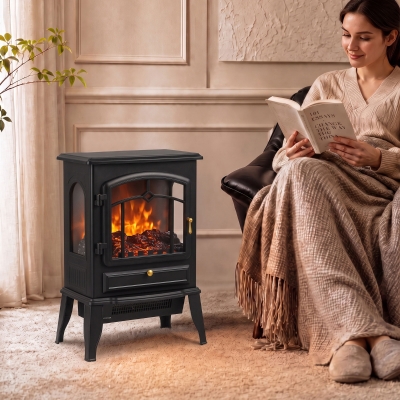 HOMCOM Electric Fireplace Stove, 725W/1450W Infrared 3-Sided Freestanding Fireplace Heater with 3D Flame Log, Thermostat, Black