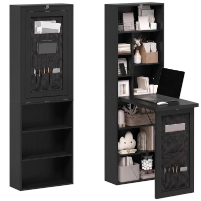 HOMCOM Wall-Mounted Foldable Writing Desk with Storage Shelves, Black