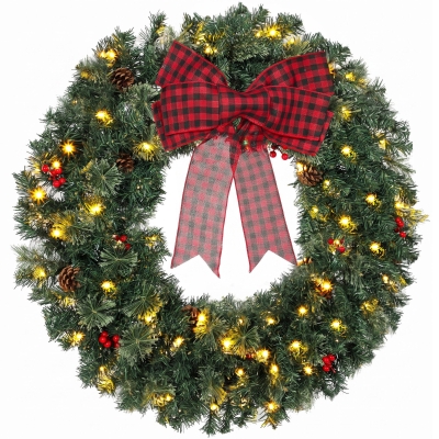 HOMCOM 36" Prelit Christmas Wreath with Bow, Berries & Pinecones