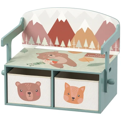 Qaba Kids Toy Box Chest, 3-in-1 Convertible Wooden Toy Storage Bench w/  2 Non-Woven Drawers, for Bedroom, Playroom, Green