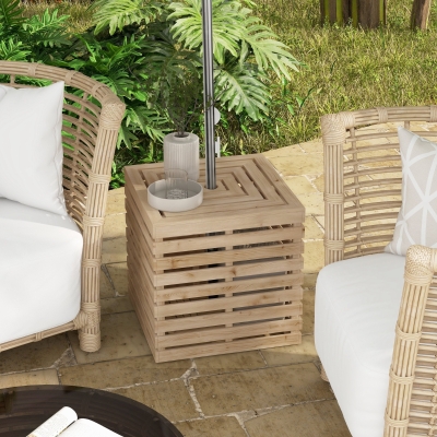 Outsunny 2-in-1 Outdoor Umbrella Base Storage Box Wooden Patio Side Table, Brown