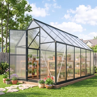 Outsunny 11x6 ft Polycarbonate Walk-in Greenhouse, Swing Door, Black
