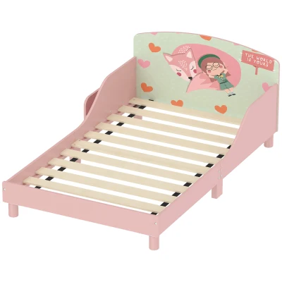 Qaba Toddler Bed with Bedside Storage and Guard Rails, Montessori Bed for Ages 3-8, Fits 132x70x10cm Mattress, Pink Fox Print