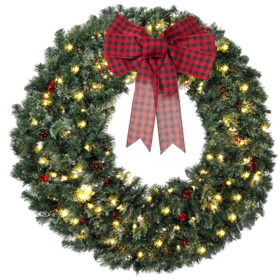 HOMCOM 48" Prelit Christmas Wreath with Bow, Red Berries, Pinecones