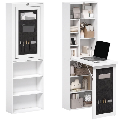 HOMCOM Wall-Mounted Foldable Desk with Storage Shelves, White