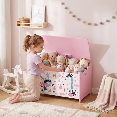 Qaba Kids Storage Chest with Lid, Toy Box with Safety Hinges and Groove Handles for Kids, Bedroom, Playroom, Nursery, Pink