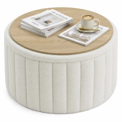 HOMCOM Round Coffee Table with Hidden Storage, Sherpa Fleece Center Table with Dual Reversible Lid for Living Room Cream White